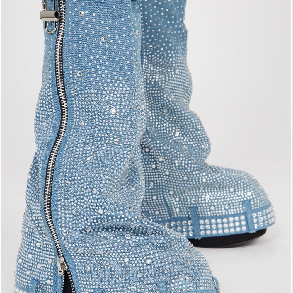 Blue Rhinestone Embellished Boots